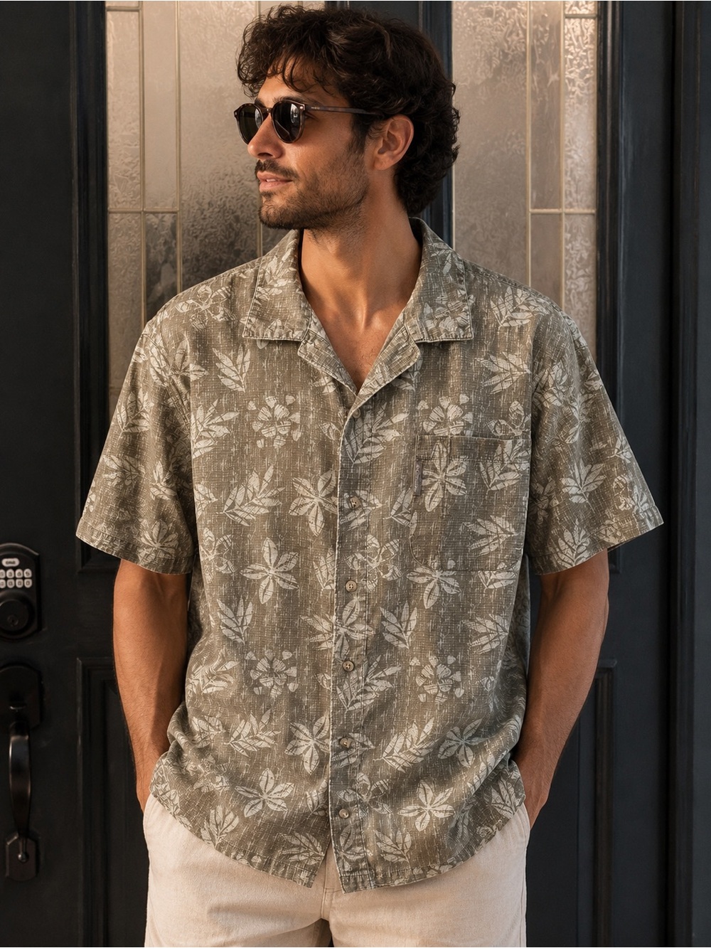 Columbia Olive Green Floral Short-Sleeve Camp Shirt